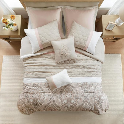 510 DESIGN Luxe Quilted Comforter Set Modern Transitional Design, All Season Down Alternative Warm Bedding Matching Shams, Bedskirt, Decorative Pillow, Cal King, Shawnee Scrollwork Blush