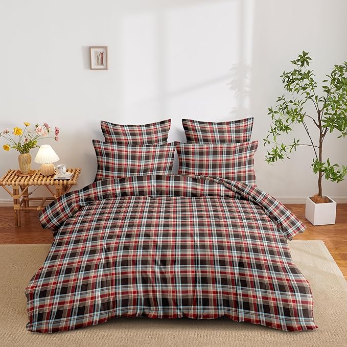 Nayoroom Plaid Comforter Set Queen Size Vintage Red Brown Gingham Checkered Tartan Comforter 3 Pieces Soft Lightweight Farmhouse Dorm Bedding Set for All Seasons