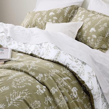 Bedsure Full Comforter Set - Olive Green Bed Set, 3 Pieces Cute Floral Bedding, 1 Soft Reversible Botanical Flowers Comforter and 2 Pillow Shams