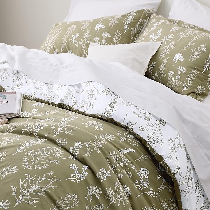 Bedsure California King Comforter Set - Olive Green Bed Set, 3 Pieces Cute Floral Bedding, 1 Soft Reversible Botanical Flowers Comforter and 2 Pillow Shams