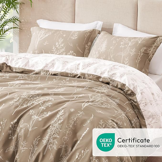 Love's cabin Light Taupe Full Comforter Set - Full Size Comforter Set, 3 Pieces Cute Floral Bedding Sets for All Seasons,1 Soft Reversible Botanical Flowers Comforter and 2 Pillow Shams