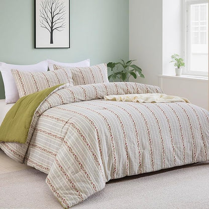 100% Cotton Jacquard Comforter Set, Striped Floral Print, Soft Lightweight Reversible 3 Piece Bedding Sets for All Season, King(104"x90")