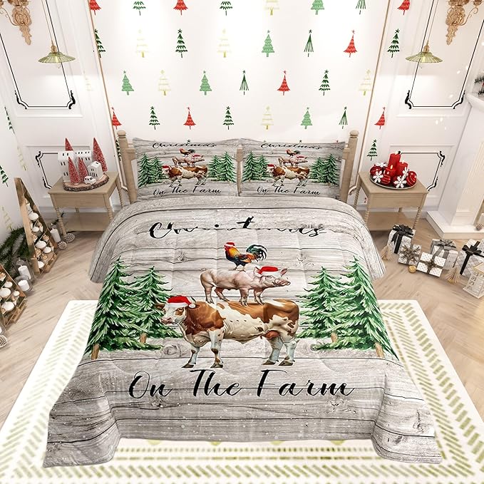 Christmas Farmhouse Twin Size Comforter Set,Xmas Pine Trees Snowflake Duvet Set Soft Bed Collection,Cartoon Cow Chicken Pig Bedding Comforter for Boys Girls Bedroom,2 Pcs
