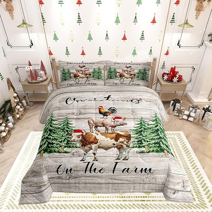 Christmas Farmhouse Twin Size Comforter Set,Xmas Pine Trees Snowflake Duvet Set Soft Bed Collection,Cartoon Cow Chicken Pig Bedding Comforter for Boys Girls Bedroom,2 Pcs