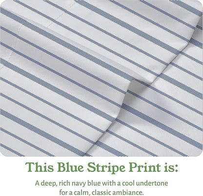 California Design Den Blue Stripe Sheets, 100% Organic Cotton Percale Sheets, Deep Pocket Twin XL Sheets & Pillowcase Set - Blue Stripe