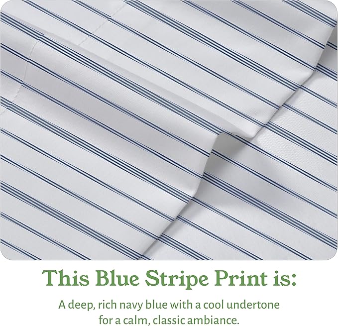 California Design Den King Bed Sheets Stripe, 100% Organic Cotton Percale Sheets, Deep Pocket King Sheets & Pillowcase Set - Blue Stripe