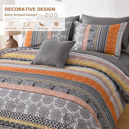 Cottolester Boho Comforter Set Queen Size,8 Pieces Orange Bohemian Striped Bed in a Bag,Paisley Soft Microfiber Bedding Comforter Set