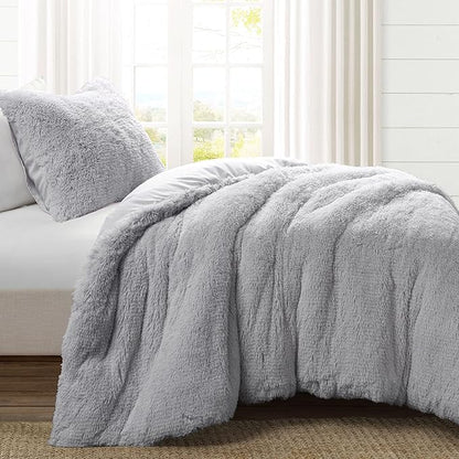 Lush Decor Emma Soft Fluffy Faux Fur Kids College Dorm Oversized Comforter Set, Twin-XL, Light Gray - Warm Plush 2 Piece Bedding Set
