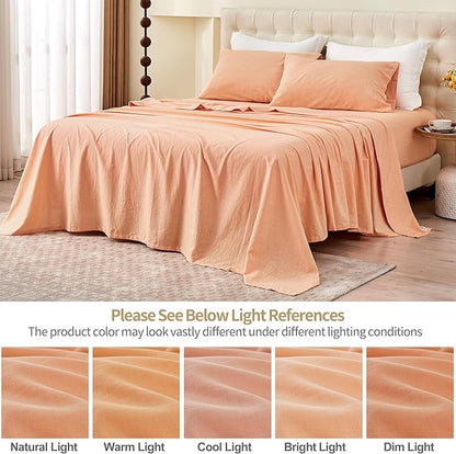 Simple&Opulence Belgian Linen Sheet Set Solid Color - 4 Pieces (1 Flat Sheet & 1 Fitted Sheet & 2 Pillowcases) Natural Flax Cotton Blend Soft Bedding Breathable Farmhouse - Peach, Full Size