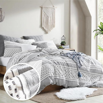 Swift Home Atayal 100% Cotton Herringbone & Clip Jacquard Bedding 5-Piece Comforter Set, All Season & Breathable, Oeko-TEX Certified – Grey, Full/Queen