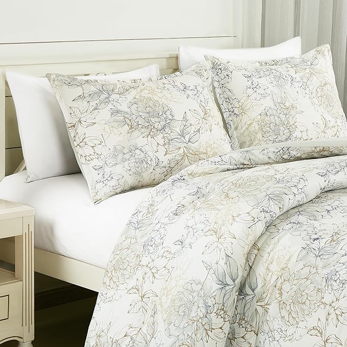 Chezmoi Collection Clematis 3-Piece Tranquil Floral Comforter Set King - Soft Green Gray Floral Printed Microfiber Lightweight Bedding Set for All Season