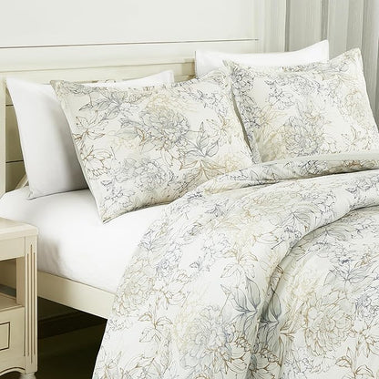 Chezmoi Collection Clematis 3-Piece Tranquil Floral Comforter Set King - Soft Green Gray Floral Printed Microfiber Lightweight Bedding Set for All Season