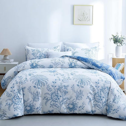 BOLINLIVING Floral King Size Comforter Set, Soft Breathable Bed in a Bag King Size 3 Pieces, Blue and White Floral Bedding Set for All Season, 1 Comforter & 2 Pillowcases