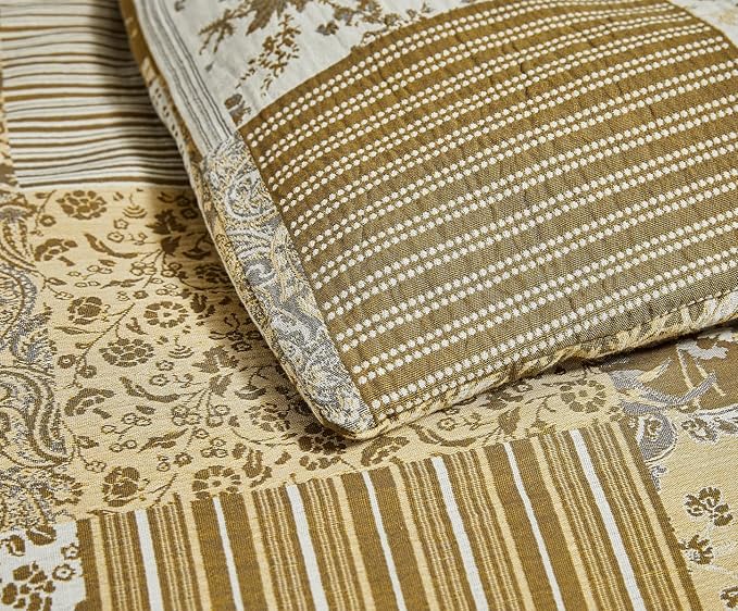 SLEEPBELLA Washed Double Layer Muslin 100% Cotton Comforter Set Queen Size, Boho Yellow Patchwork Fluffy Thick Checked Bedding Set, Soft Breathable (1 Comforter, 2 Pillow Shams)
