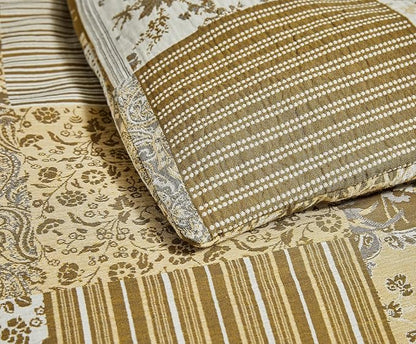 SLEEPBELLA Washed Double Layer Muslin 100% Cotton Comforter Set Queen Size, Boho Yellow Patchwork Fluffy Thick Checked Bedding Set, Soft Breathable (1 Comforter, 2 Pillow Shams)