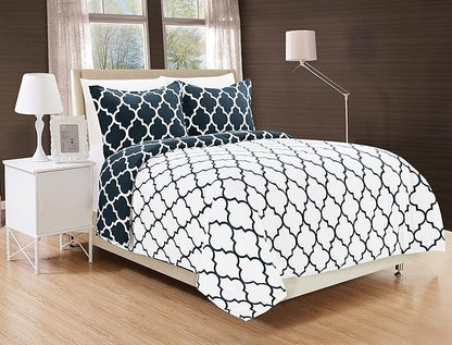 Elegant Comfort Goose Down Alternative Reversible 3-Piece Comforter Set - Breathable and Super Soft All Season Reversible Quatrefoil Pattern Comforter Set with 2 Shams, Twin/Twin XL, Navy/White