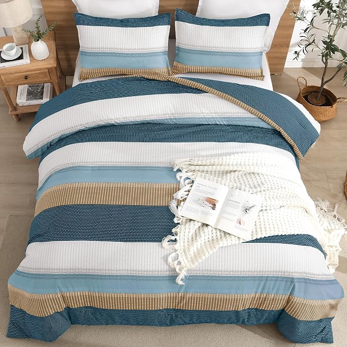 Litanika Comforter Set Full Size Green Yellow - 3 Pieces Lightweight Colorblock Stripe Fluffy Bedding Comforter Sets, All Season Bed Set