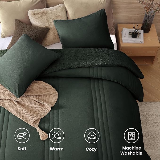 Monbix Fluffy Full Comforter Set Deep Forest, Sherpa Plush Fuzzy Comforter 3 Piece for Full Size Bed, Luxury Soft Winter Warm Bedding Set