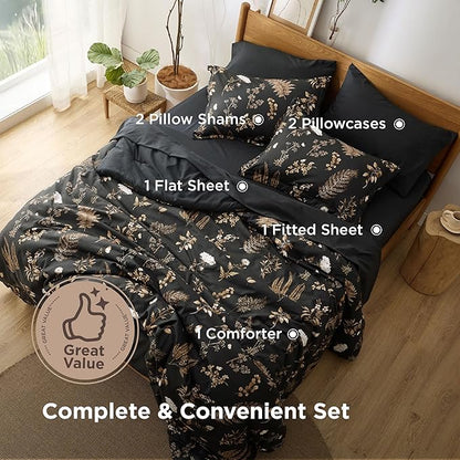 Bedsure Black King Comforter Set - 7 Pieces Floral Bedding Sets King Bed in a Bag with Reversible Botanical Flowers Comforter, Sheets, Pillowcases & Shams