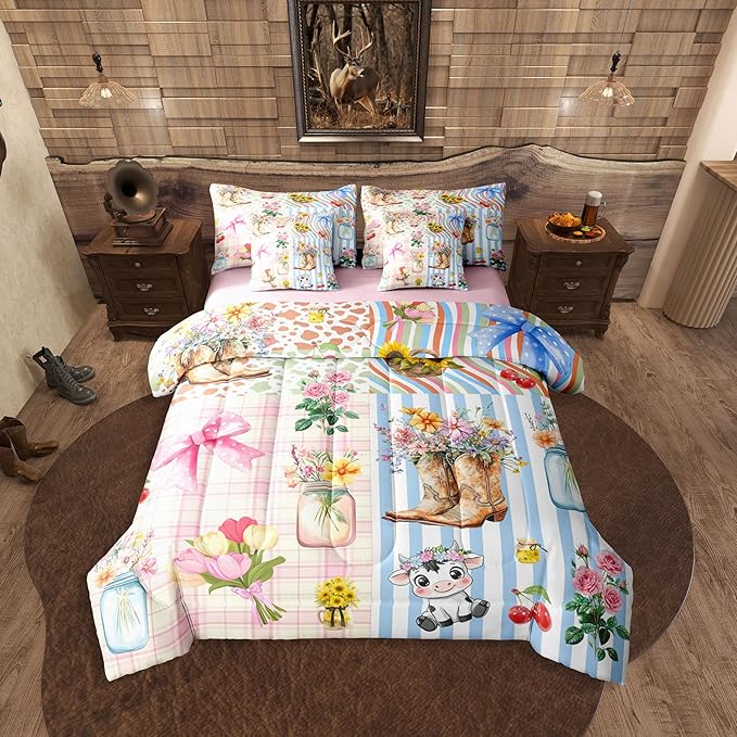 Erosebridal Bow King Comforter Set Cow Girl 7-Piece Bed in A Bag Western Bowknot Floral Rustic Lattice Stripe Sheets and Pillowcases Pink Yellow Bed Sets