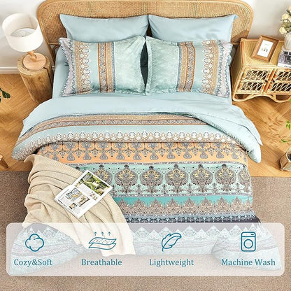 Boho Comforter Set Queen - 7 Pieces Bed in a Bag, Bohemian Striped Comforter Set with Sheets, Soft Microfiber Sage Green Floral Bedding Set for All Season