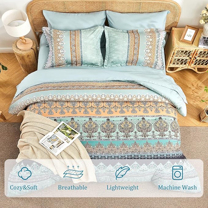 Boho Comforter Set King Size Sage Green - 7 Pieces Bohemian Floral Striped Comforter and Sheet Set, Soft Bed in a Bag Complete Bedding Sets King Size for All Season (Sage Green,King)