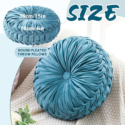 1 Pcs Round Throw Pillows Decorative Velvet Pleated Throw Pillows 15'' Diameter Accent Pumpkin Boho Chair Cushion for Couch Sofa Chair Bed Home Decoration (Dusty Blue)