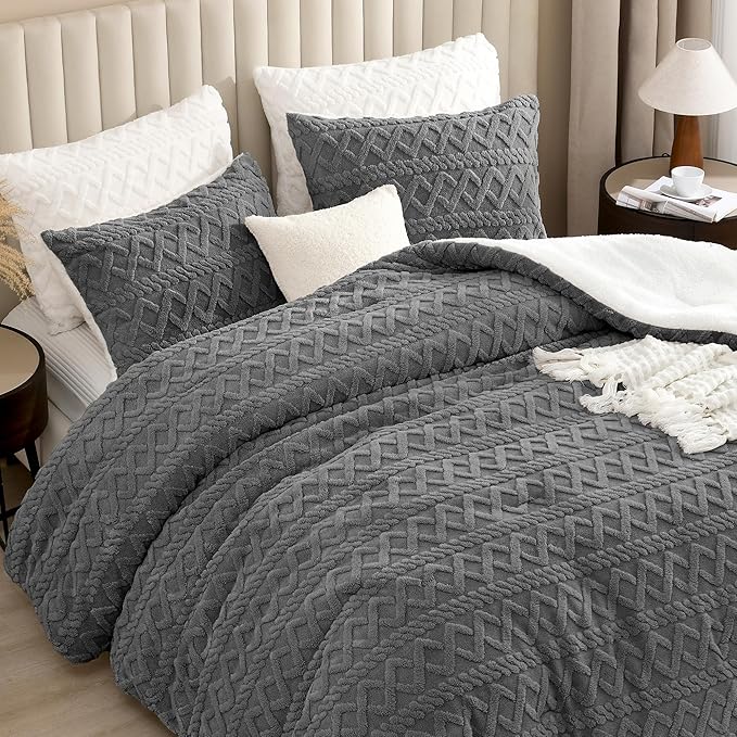 Andency Fluffy Sherpa Full Comforter Set Grey, Super Soft Gray Fleece Warm Bedding for Winter, Luxury Jacquard Boho Thick Fuzzy Plush Bed Set 3 Pieces(1 Shaggy Comforter, 2 Pillowcases)