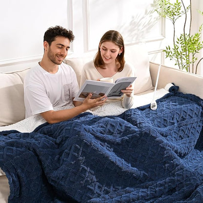Heated Blanket Electric Queen Size - 84"x90" Electric Blanket with Dual Control, 9 Heat Levels and 1-10 Hours Timer, Soft Jacquard Fleece & Sherpa Washable, Great Gift Idea - Navy Blue