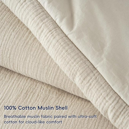 PHF Cotton Muslin Comforter Set King Size, Ultra Soft, Breathable & Lightweight All-Season Bedding, Filling: 100% Polyester, 3 Pieces with 1 Comforter 104"x90" and 2 Pillow Shams 20"x36", Natural