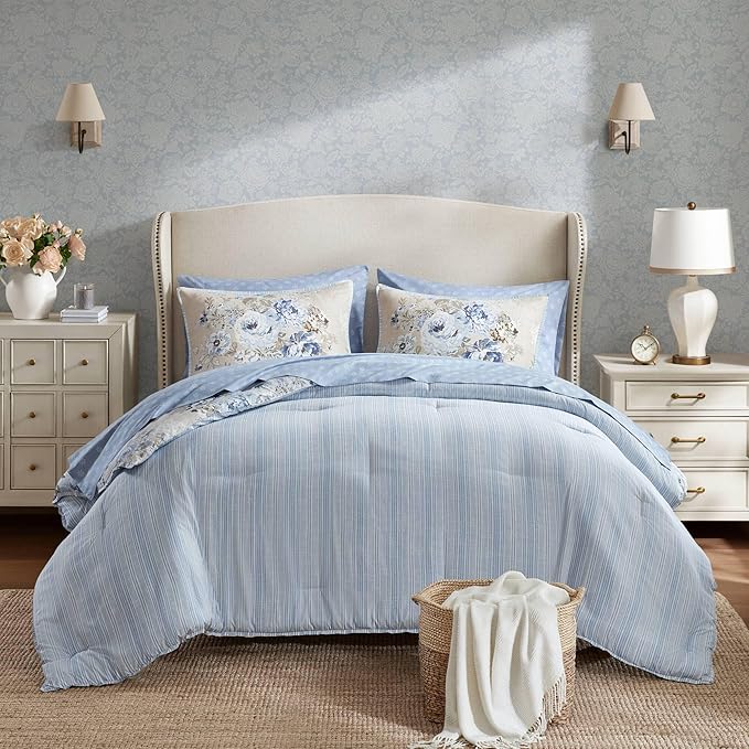 Madison Park Essentials Floral Comforter Set Full Size, Vintage Flower Bedding Set with Sheet Set, 7 Pieces Bed in a Bag with Reversible Botanical Comforter, Pillowcases & Shams, Heather, Beige/Blue