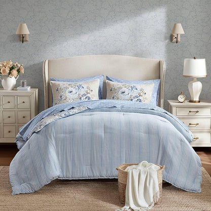 Madison Park Essentials Floral Comforter Set Twin XL Size, Vintage Flower Bedding Set with Sheet Set, 5 Pieces Bed in a Bag, Reversible Botanical Comforter, Pillowcases & Shams, Heather, Beige/Blue