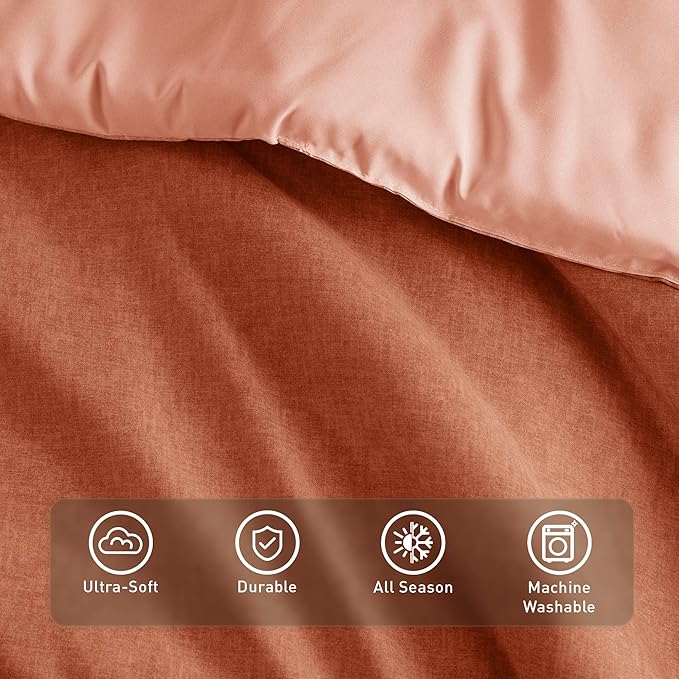 Full/Queen Size Comforter Set, Lightweight Burnt Orange Soft Bedding for All Seasons, 3 Pieces Chambray Print Solid Farmhouse Bed Set, Comforter & Shams