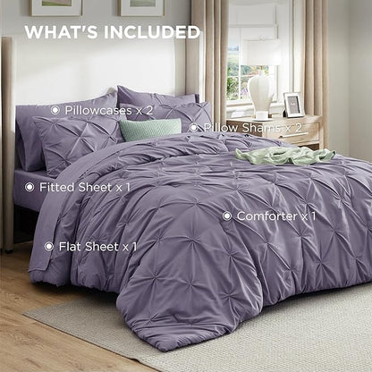 Bedsure Queen Comforter Set - Bed in a Bag Queen Size Bedding 7 Pieces, GentleSoft™ Pintuck Bed Set Gift for Family, Pinch Pleat Grayish Purple Comforter with Sheets, Pillowcases & Shams