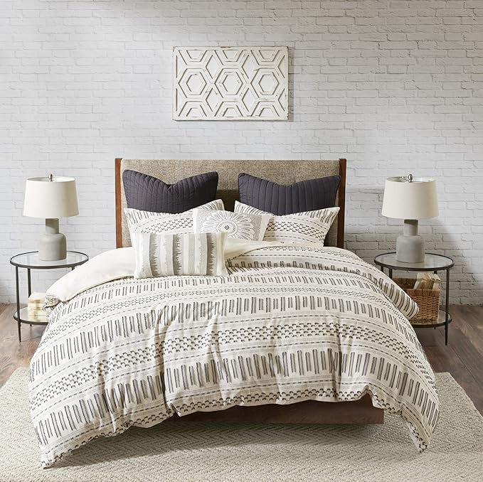 INK+IVY Rhea 100% Cotton Duvet Set Mid Century Modern Boho Design, All Season Comforter Cover Bedding Set, Matching Shams, Full/Queen, Geometric Clipped Jacquard Ivory 3 Piece