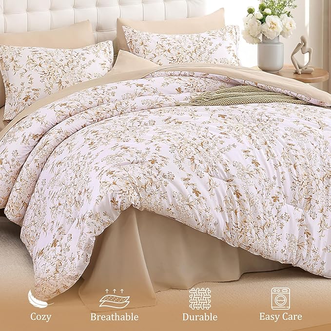 WONGS BEDDING King Size Comforter Set, 8 Pieces Autumn Leaf Floral Bed in a Bag Comforter Sets, Botanical Print Soft Fluffy Microfiber Complete Bedding Sets for All Season (90"x104")