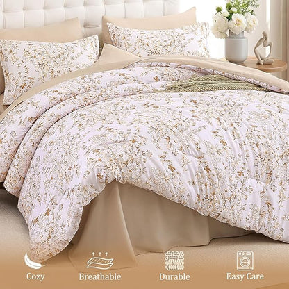 WONGS BEDDING Queen Size Comforter Set, 8 Pieces Autumn Leaf Floral Bed in a Bag Comferter Sets, Botanical Print Soft Fluffy Microfiber Complete Bedding Sets for All Season (90"x90")