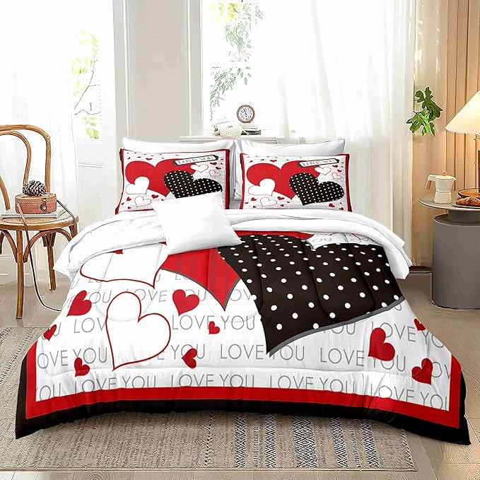 Black and Red Hearts King Size Comforter Set with 2 Pillowcases, Modern Valentine's Day Printed Pillow Shams Soft 3 Pcs Bedding for Kids Adults Bedroom Dormroom Bed Decor All Season