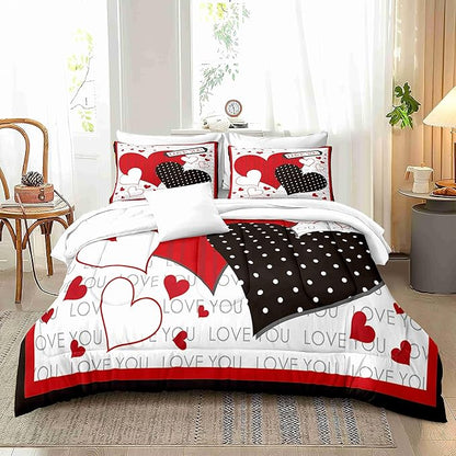 Black and Red Hearts King Size Comforter Set with 2 Pillowcases, Modern Valentine's Day Printed Pillow Shams Soft 3 Pcs Bedding for Kids Adults Bedroom Dormroom Bed Decor All Season