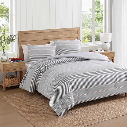 Tommy Hilfiger - King Comforter Set, Cotton Textured Bedding with Matching Shams, Medium Weight Bed Set, Oeko-TEX Certified (Danbury Stripe Blue)