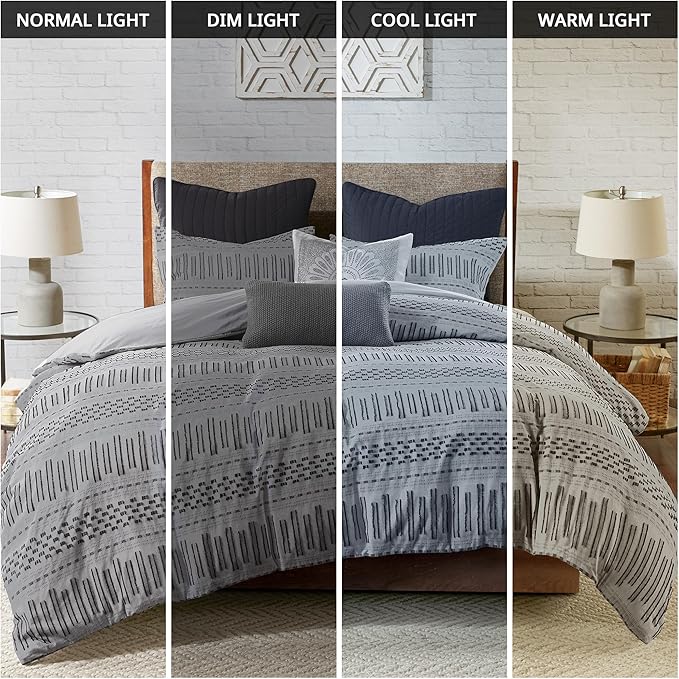 INK+IVY Luxurious Cotton-Bedding Set - Mid Century Trendy Geometric Design, All Season Cozy-Cover With Matching-Shams, Full/Queen, Rhea Jacquard Grey/Black
