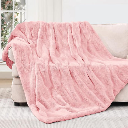 Touchat Luxury Faux Rabbit Fur Throw Blanket for Couch,Super Heavy Warm Cozy Blanket for Sofa Bedroom Living Room,Ultra Soft Fluffy Reversible Plush Blanket for Home Decor Gifts,Pink