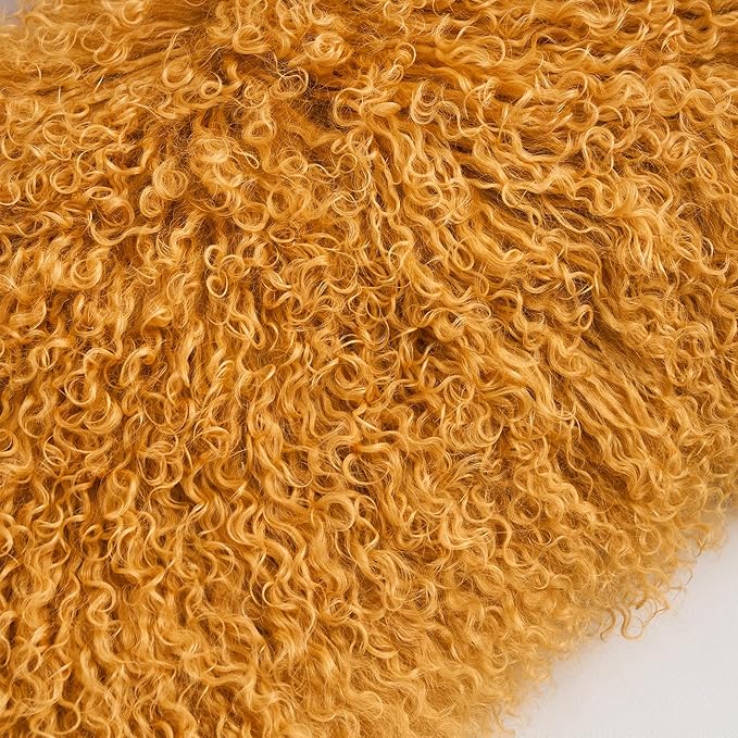 Genuine Mongolian Lamb Fur Pillow Cover – 12"x20" Rectangular Cushion Case – Soft Curly Wool Decorative Accent for Sofa, Bed, or Chair (Mustard Yellow)