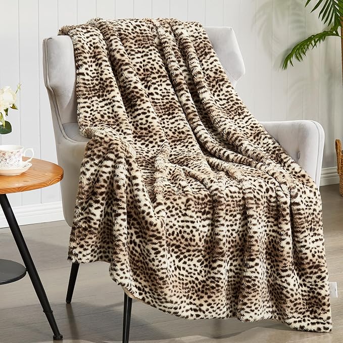 JONIYEAR Cozy Plush Striped Brown Cheetah Faux Rabbit Fur Blanket Twin Size 60" x 70",Overized Thick Fuzzy Leopard Lap Blankets for Women, Soft Fluffy Animal Printed Warm Shaggy Blanket for Winter