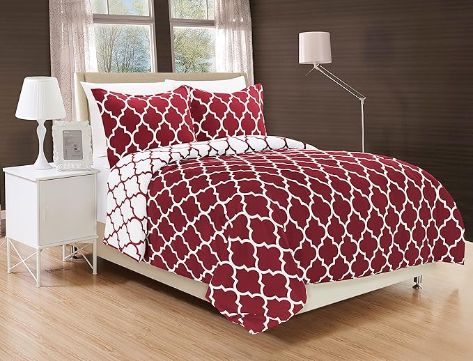 Elegant Comfort Goose Down Alternative Reversible 3-Piece Comforter Set - Breathable and Super Soft All Season Reversible Quatrefoil Pattern Comforter Set with 2 Shams, Full/Queen, Burgundy/White