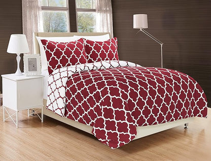 Elegant Comfort Goose Down Alternative Reversible 3-Piece Comforter Set - Breathable and Super Soft All Season Reversible Quatrefoil Pattern Comforter Set with 2 Shams, Full/Queen, Burgundy/White