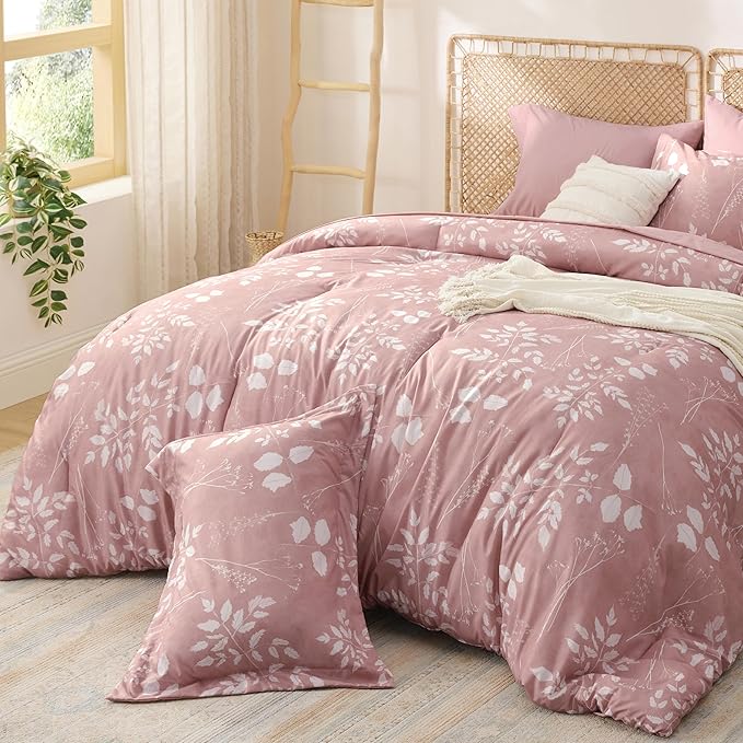 Bedsure Rose Pink Twin Comforter Set - 5 Pieces Floral Bedding Sets Twin Bed in a Bag with Reversible Botanical Flowers Comforter, Sheets, Pillowcase & Sham