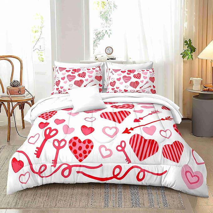 Valentine Hearts King Size Comforter Set with 2 Pillowcases, Red and Pink Heart Printed Pillow Shams Soft 3 Pcs Bedding for Kids Adults Bedroom Dormroom Bed Decor All Season