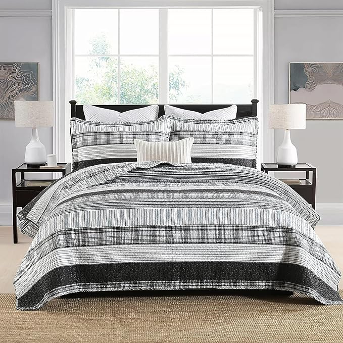 Homzard King Size Comforter - 100% Cotton, Black White Striped King Quilt Bedding Set,Black Grey Plaid Striped Bedding King,Farmhouse Lightweight Comforter for Bed,All Season