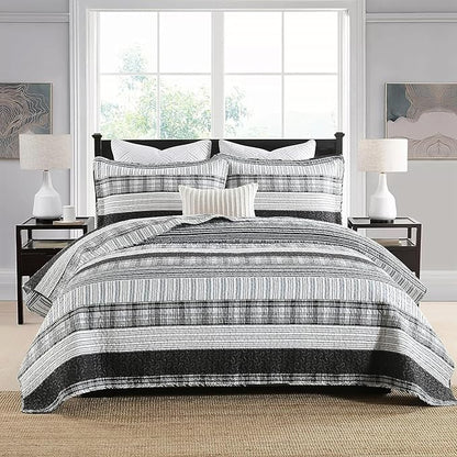 Homzard King Size Comforter - 100% Cotton, Black White Striped King Quilt Bedding Set,Black Grey Plaid Striped Bedding King,Farmhouse Lightweight Comforter for Bed,All Season